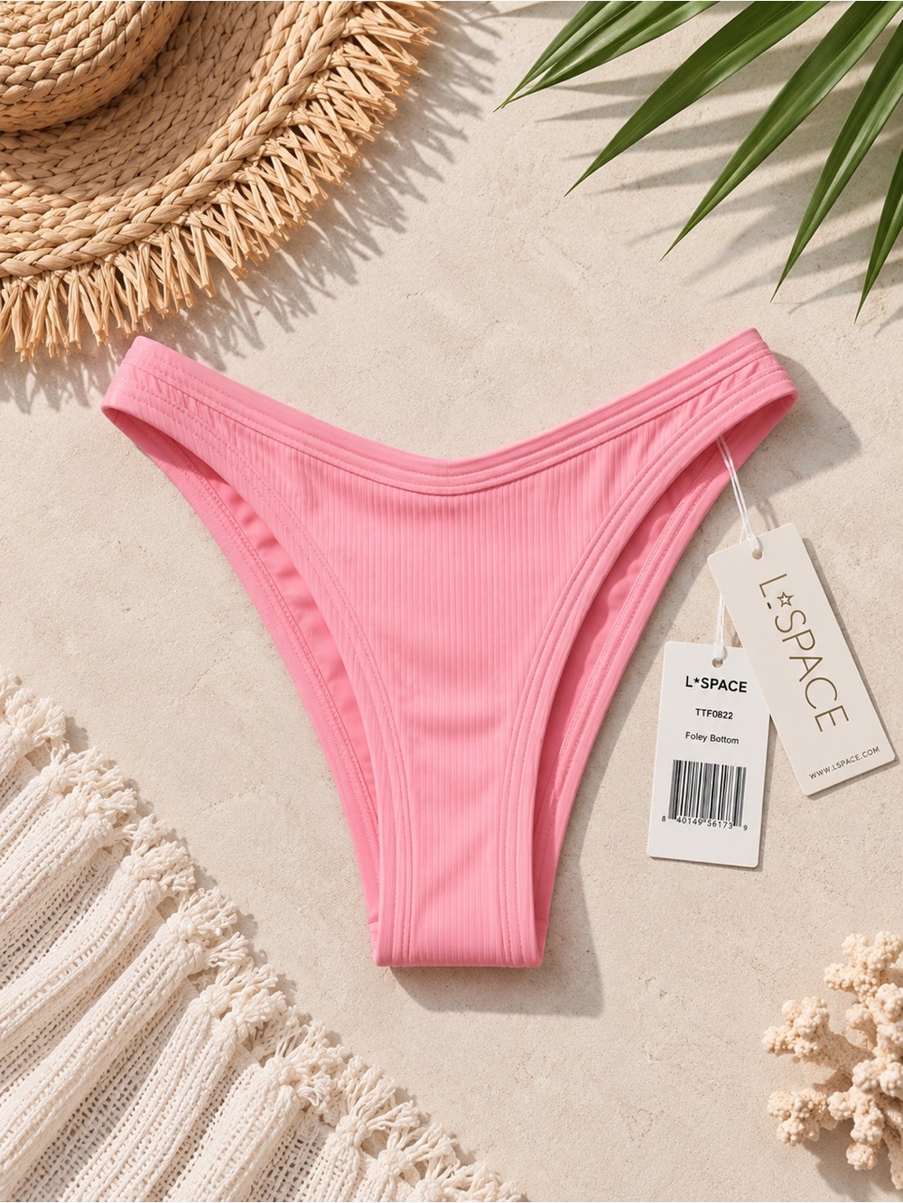 L*SPACE Foley Bikini Bottom Bitsy Crystal Pink Ribbed High Leg Stretch Small NEW